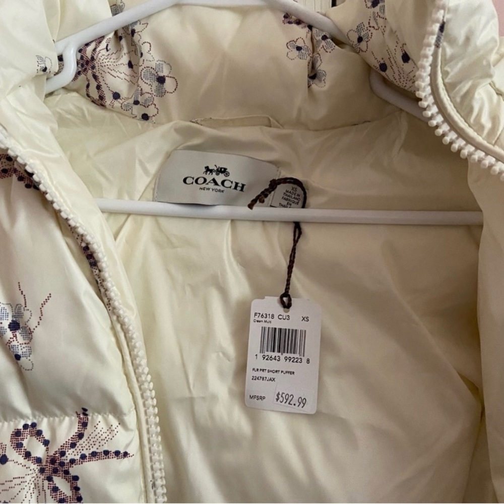 Coach Cream Floral Bow Print Short Puffer Jacket - Picture 6 of 8